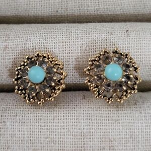 Stella & Dot Marchesa Earrings Large Art Deco Studs Torquoise & Gold Earrings